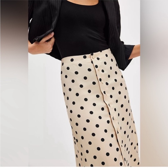 NWT Free People Black and Cream Polka Dot Midi Skirt - Picture 3 of 5